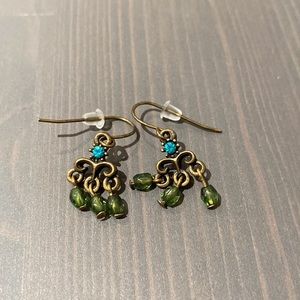 Dark Gold Earrings with Green Beans and Turquoise Diamond